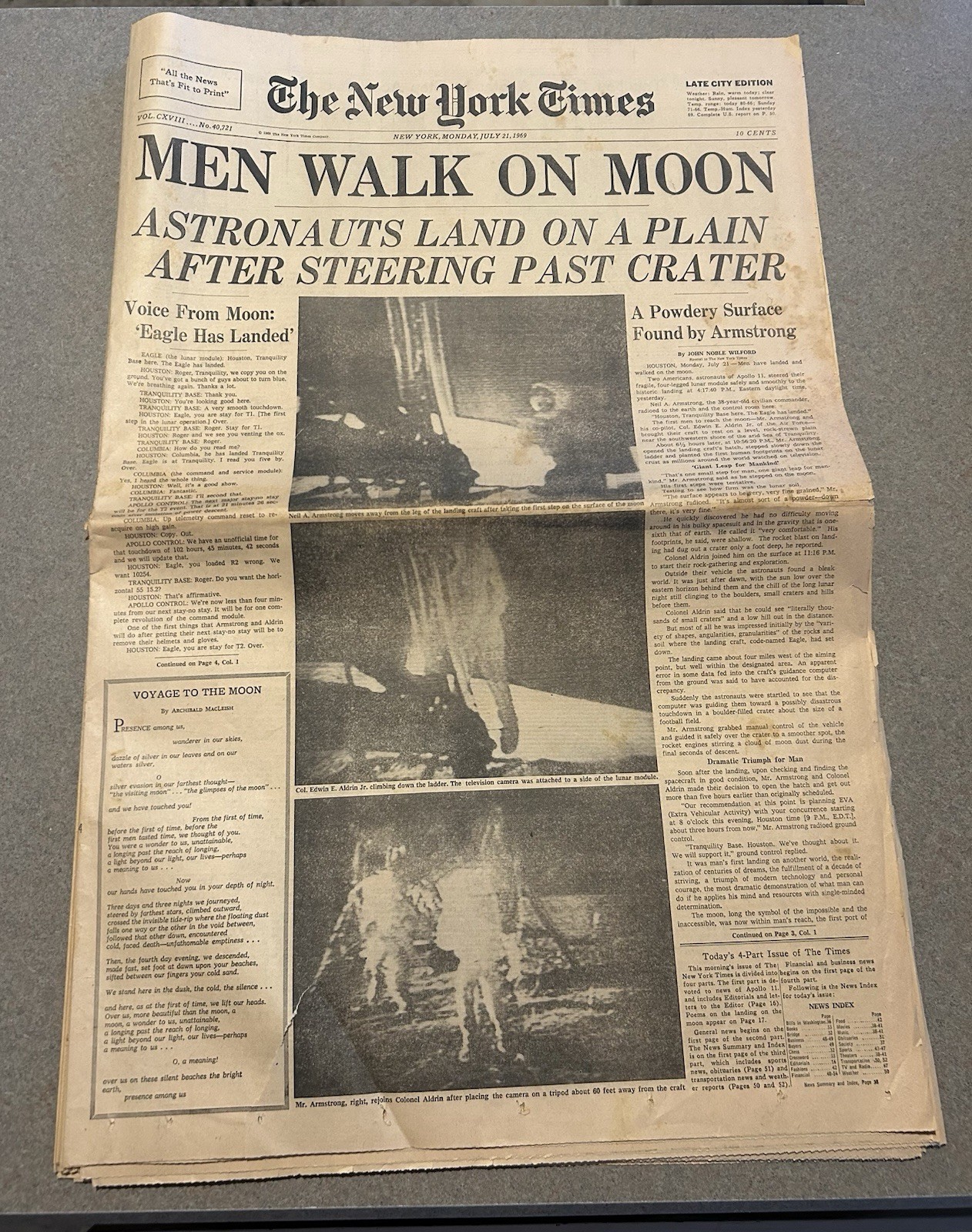 Original New York Times NYT Complete Newspaper 7/21/1969 MEN WALK ON THE MOON
