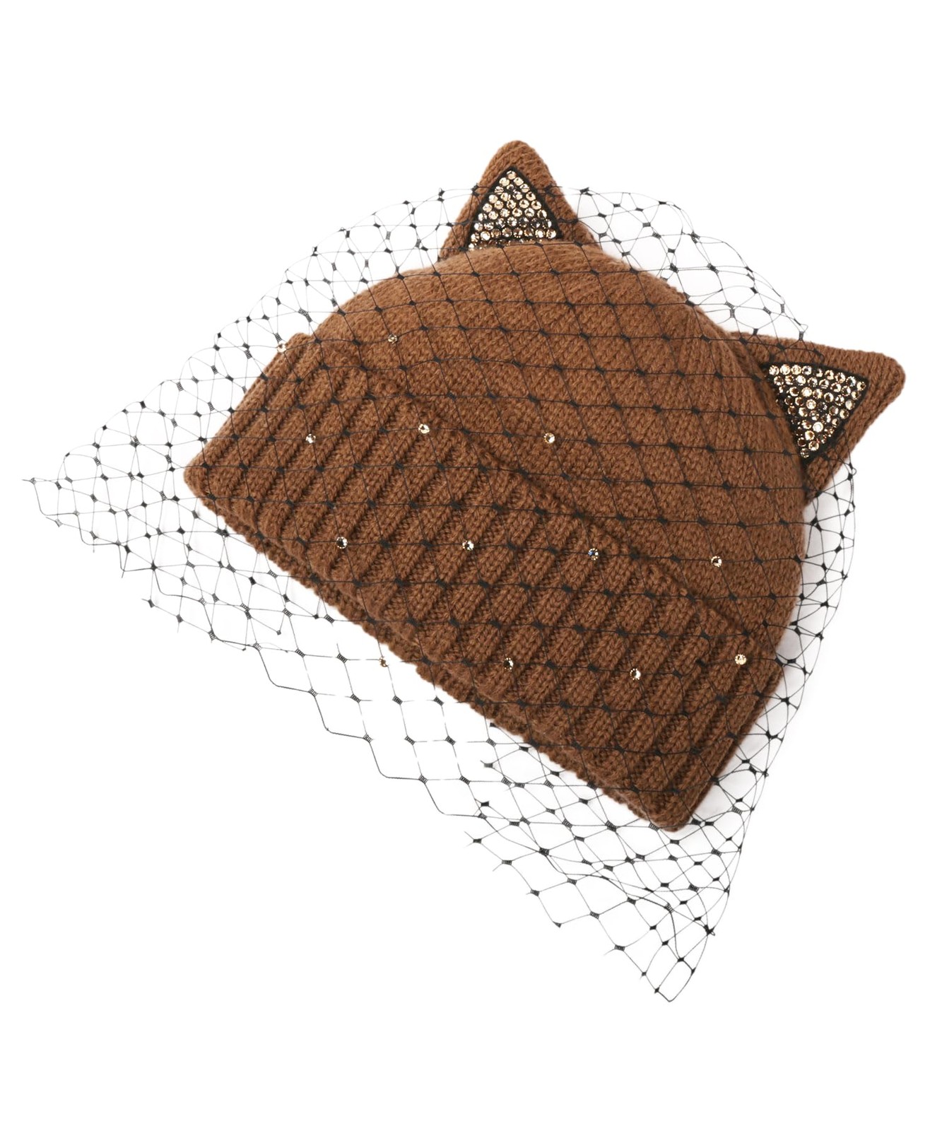 Cat Ear Motif Knit Beanie Fold-over Style Brown Japan