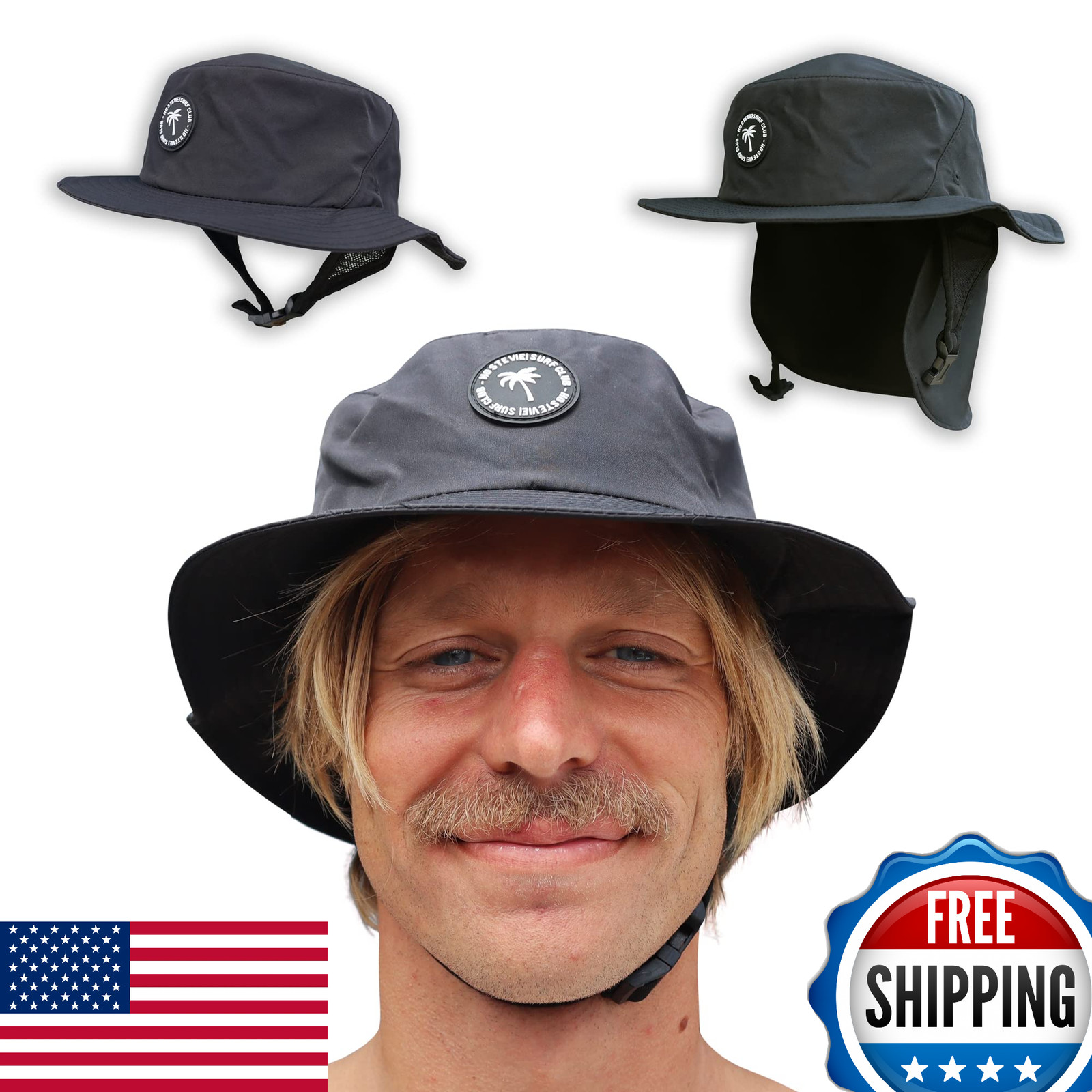 Surf Bucket Hat w/ Chin Straps, UPF50+, Floating, for Watersports L (24" H