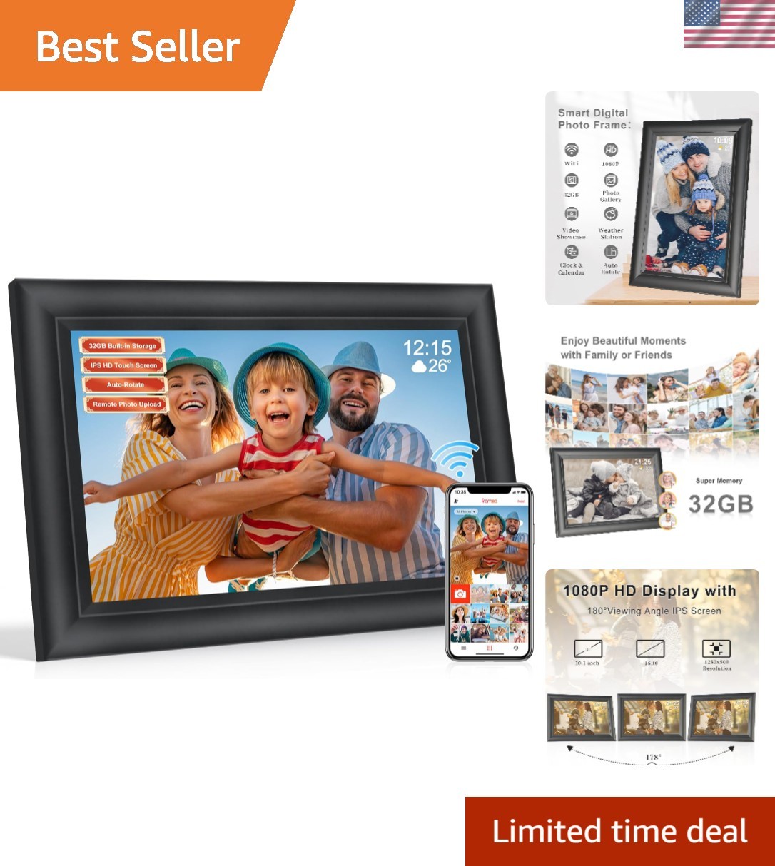 Frameo 10.1 Inch Smart WiFi Digital Photo Frame,Digital Picture Frame Wi-Fi w...