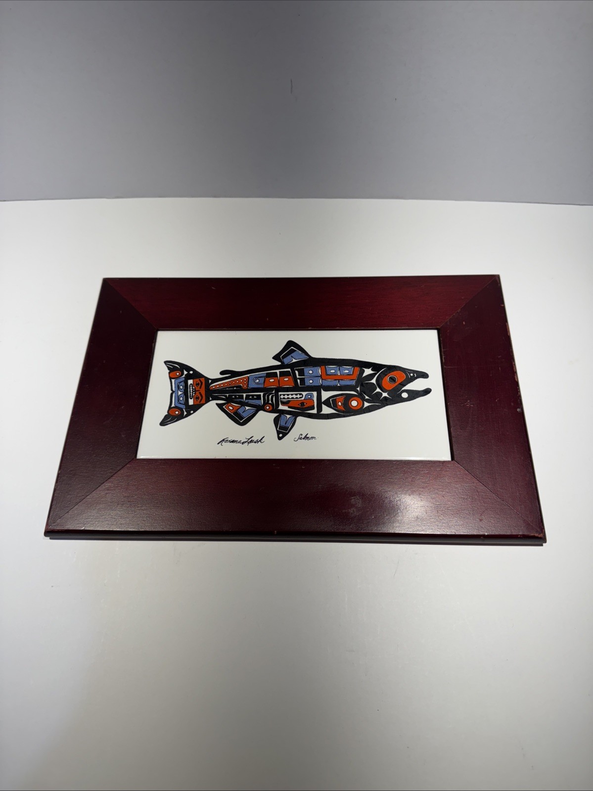 VTG Wood Framed Ceramic Tile “Salmon” By Roxanne Leask Alaskan Native 