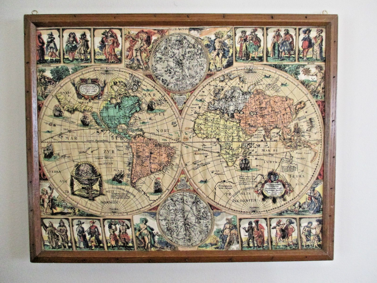 Vintage Framed French Tapestry Ancient Global Pictorial Wall Map  20" x  16"