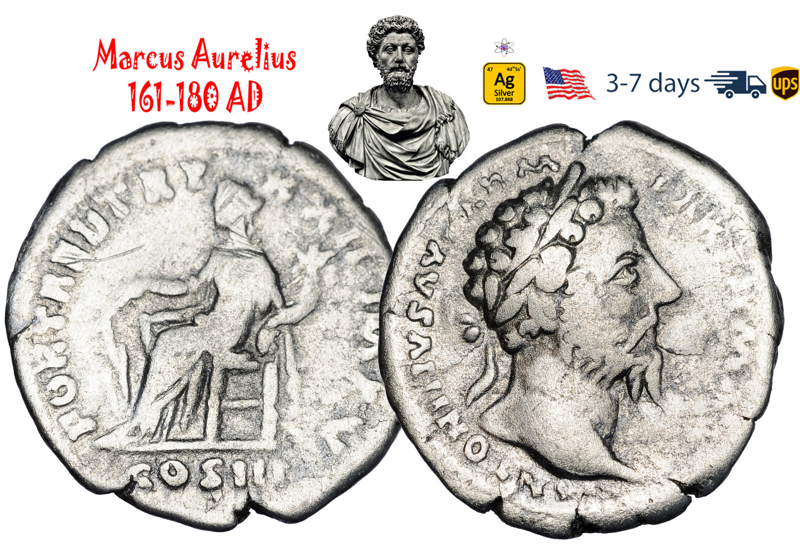 Ancient Roman Empire Coin Silver Denarius Marcus Aurelius 161 180 AD #33335