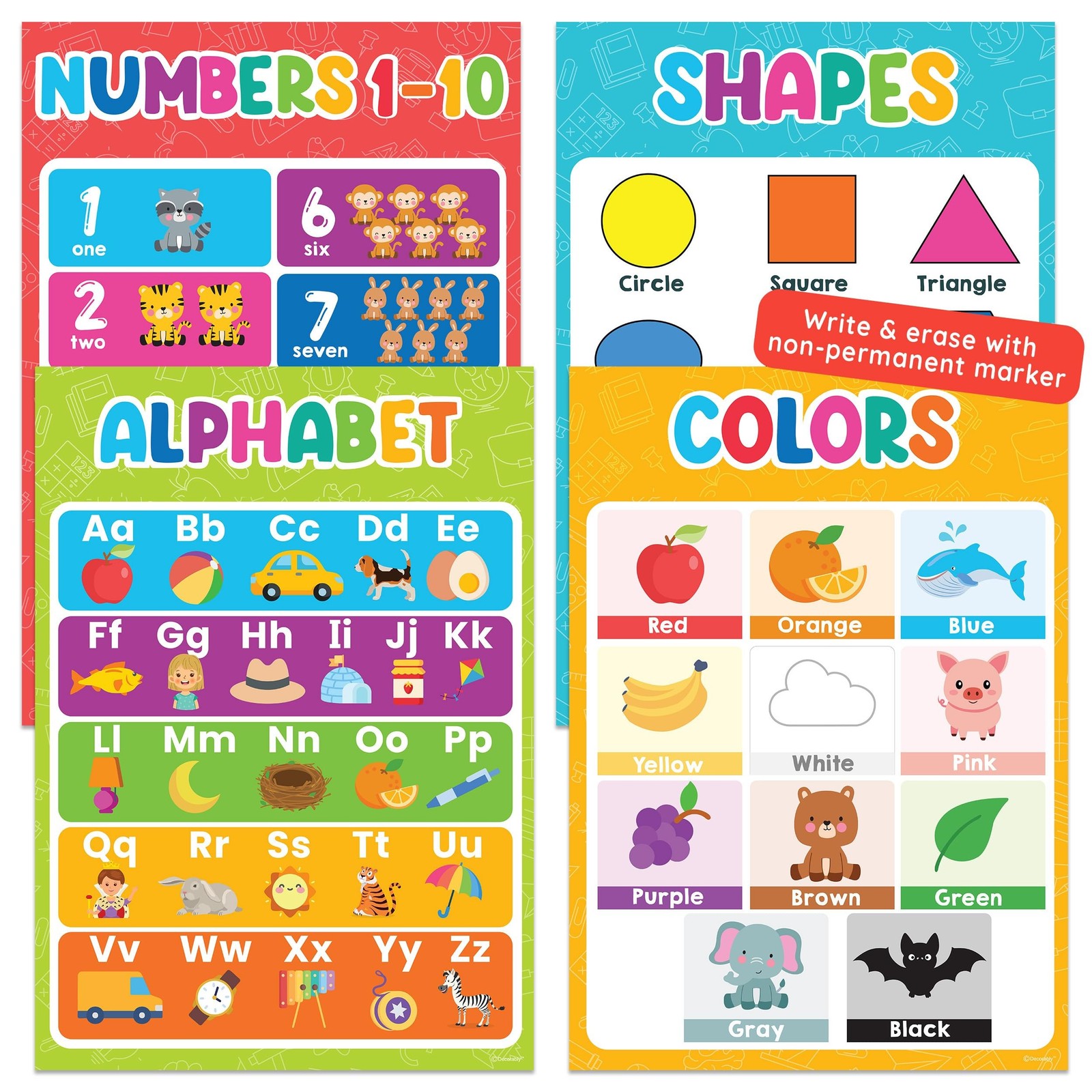 Decorably 4 Vibrant Extra Large Educational Posters for Toddlers 1-3, 17x24in...
