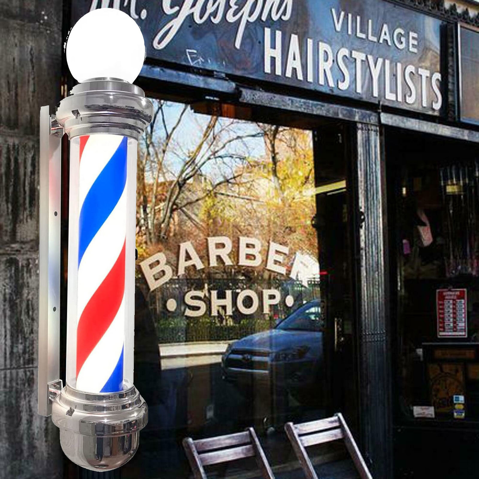 Barber Shop Pole Rotating Light Hair Salon Red/Blue/White LED Stripes Sign Lamp