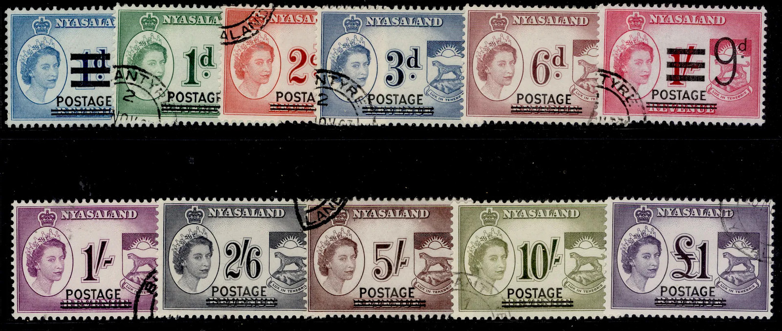NYASALAND PROTECTORATE QEII SG188-198, 1963 revenue set, FINE USED. Cat £28.