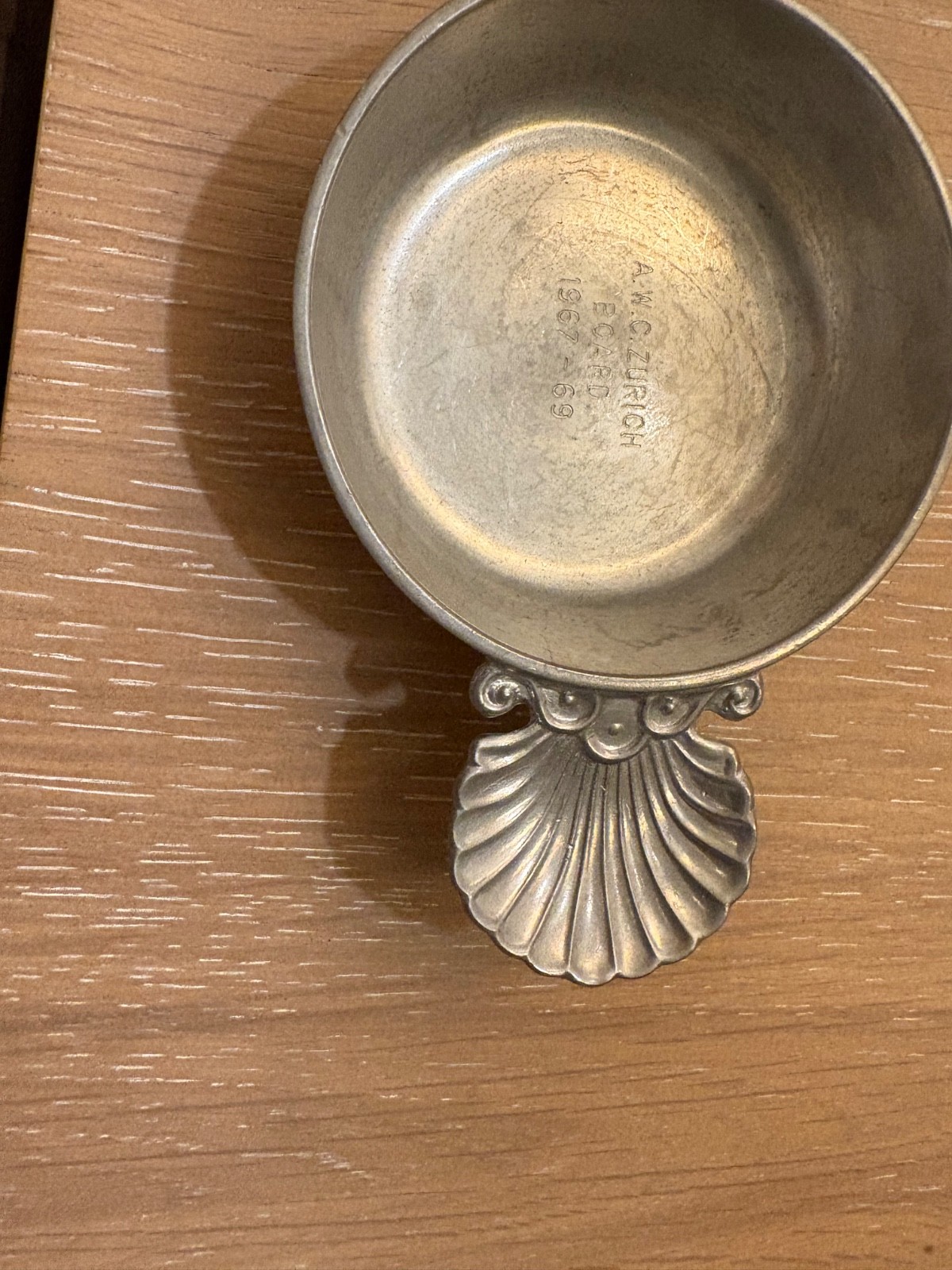 Vintage Tastevin Wine Tasting Cup French Pewter. Engraved A.W.C. Zurich 1968-69