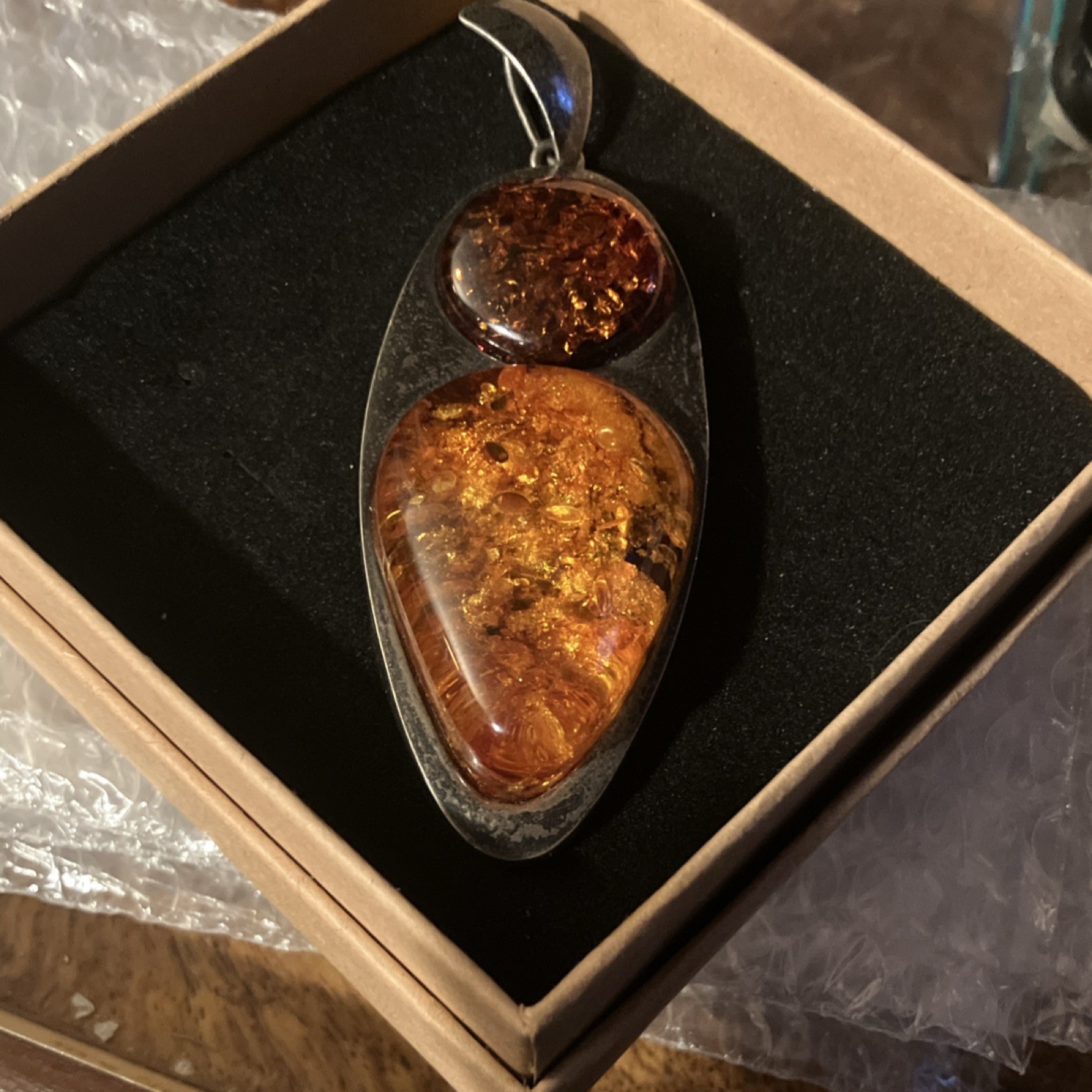 Vintage Amber Teardrop Oval Pendant Silver Bezel & Bale3.5 ”  Artisan 25.4g Huge