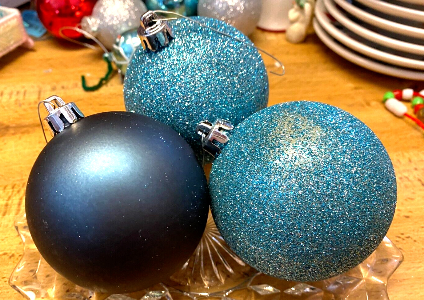 3  Shiny Blue & Glitter Ball Plastic Christmas Ornaments 3"