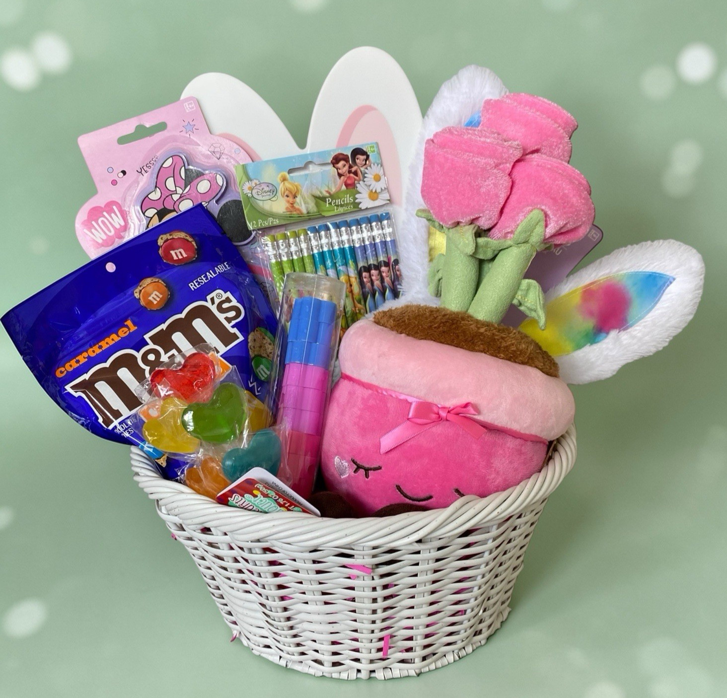 Kids Easter Basket Gift Set 8 Items with Russ Greenhouse Plush, Candy & Toys
