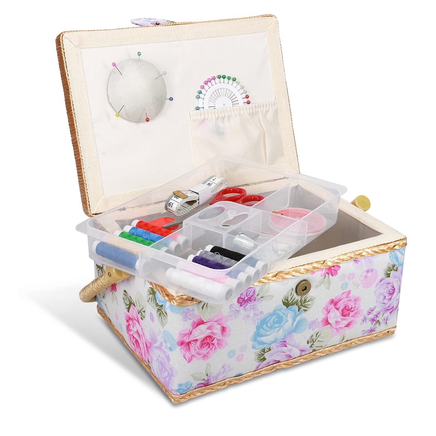 Rose Print Sewing Box Basket Organizer Tray 9.7x6.9x4.9 Inch 76 Piece Kit