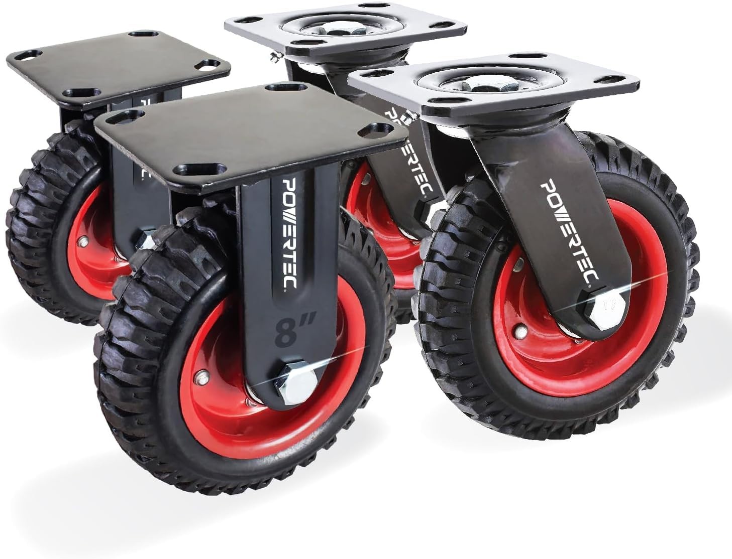 8 Inch Caster Wheels Set of 4 Heavy Duty Rubber Knobby POWERTEC Swivel Fixed