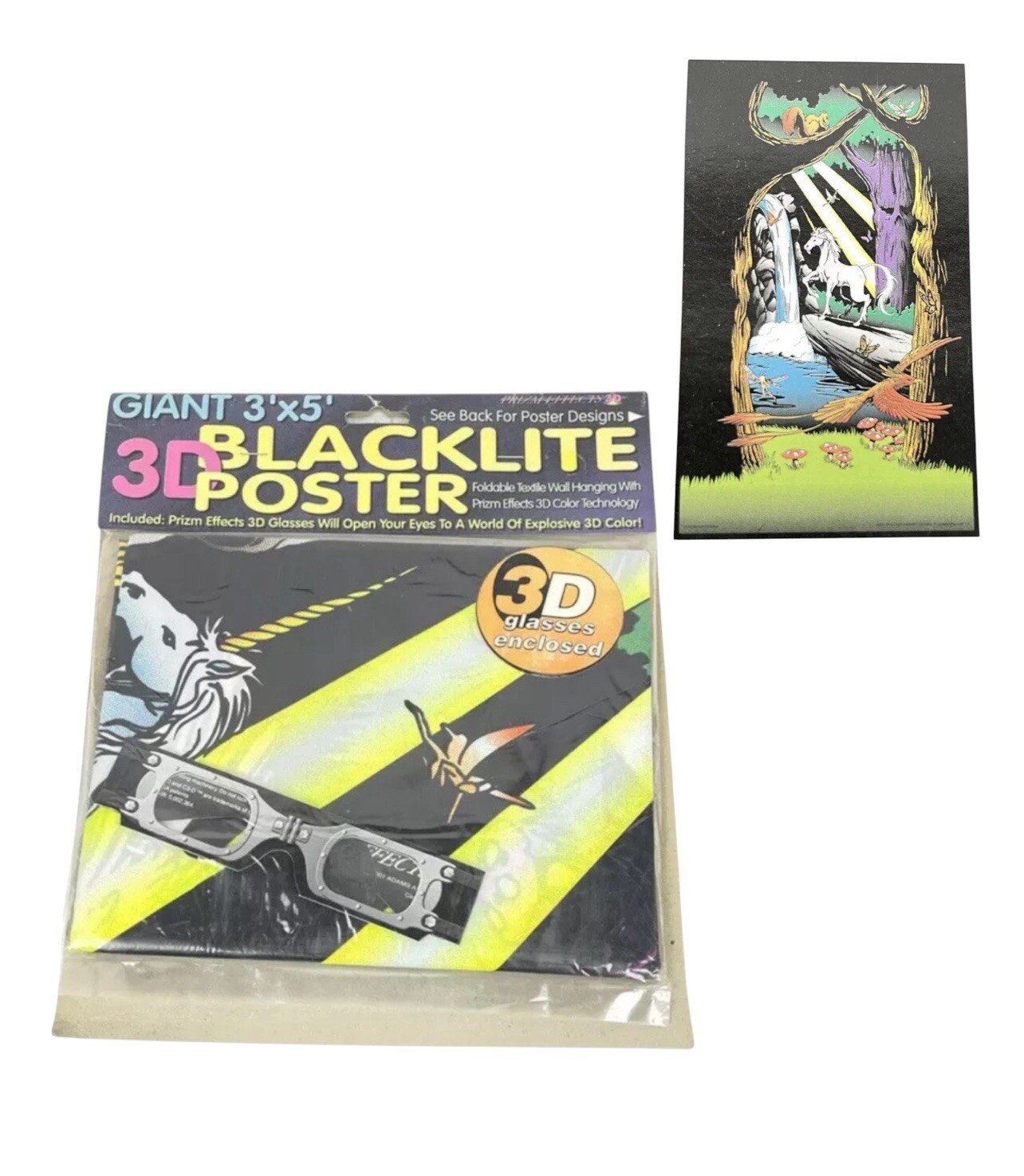 Vintage Giant 3’x5’ Blacklite Unicorn Wonderland Black Light Tapestry 3D Glasses