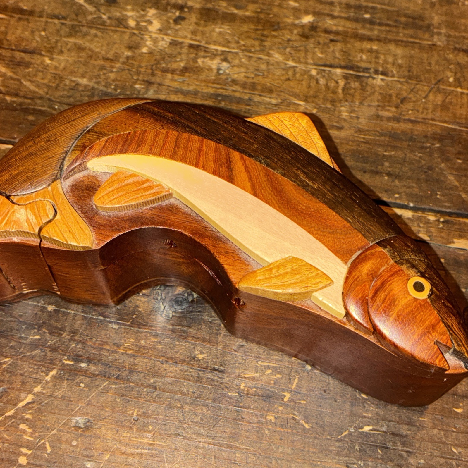 Trout Handcrafted Wooden Intarsia Puzzle Box Secret Chamber Jewelry Trinket