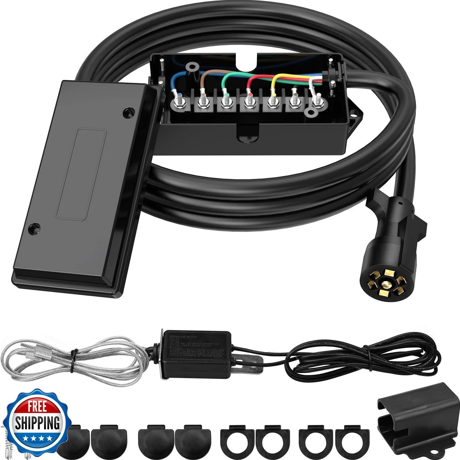 RVGUARD 7 Way 8 Foot Trailer Cord with 7 Gang Junction Box Kit, I