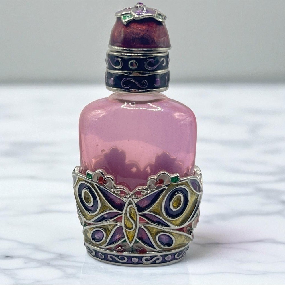 Vintage MONET Pink Glass Perfume Bottle w/ Enamel Butterfly & Floral Design