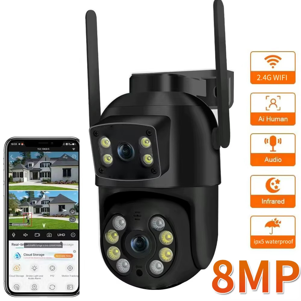 8MP 4K PTZ Wifi Camera with Dual Lens Dual Screens AI Human Detection Wireless O