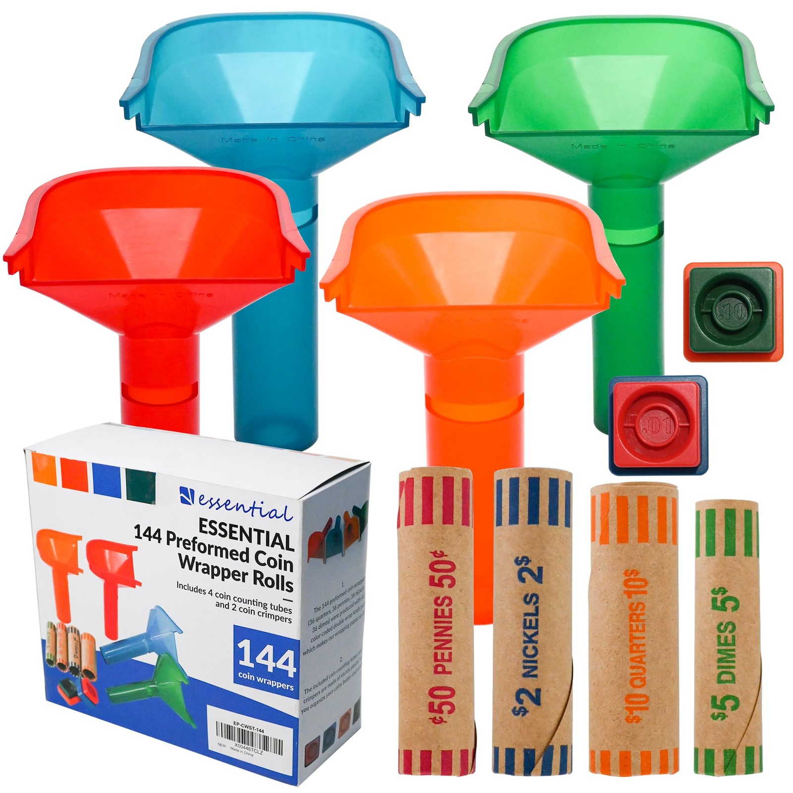 ESSENTIAL 144 Pcs Assorted Preformed Coin Wrapper Rolls with Color Coded Coin...