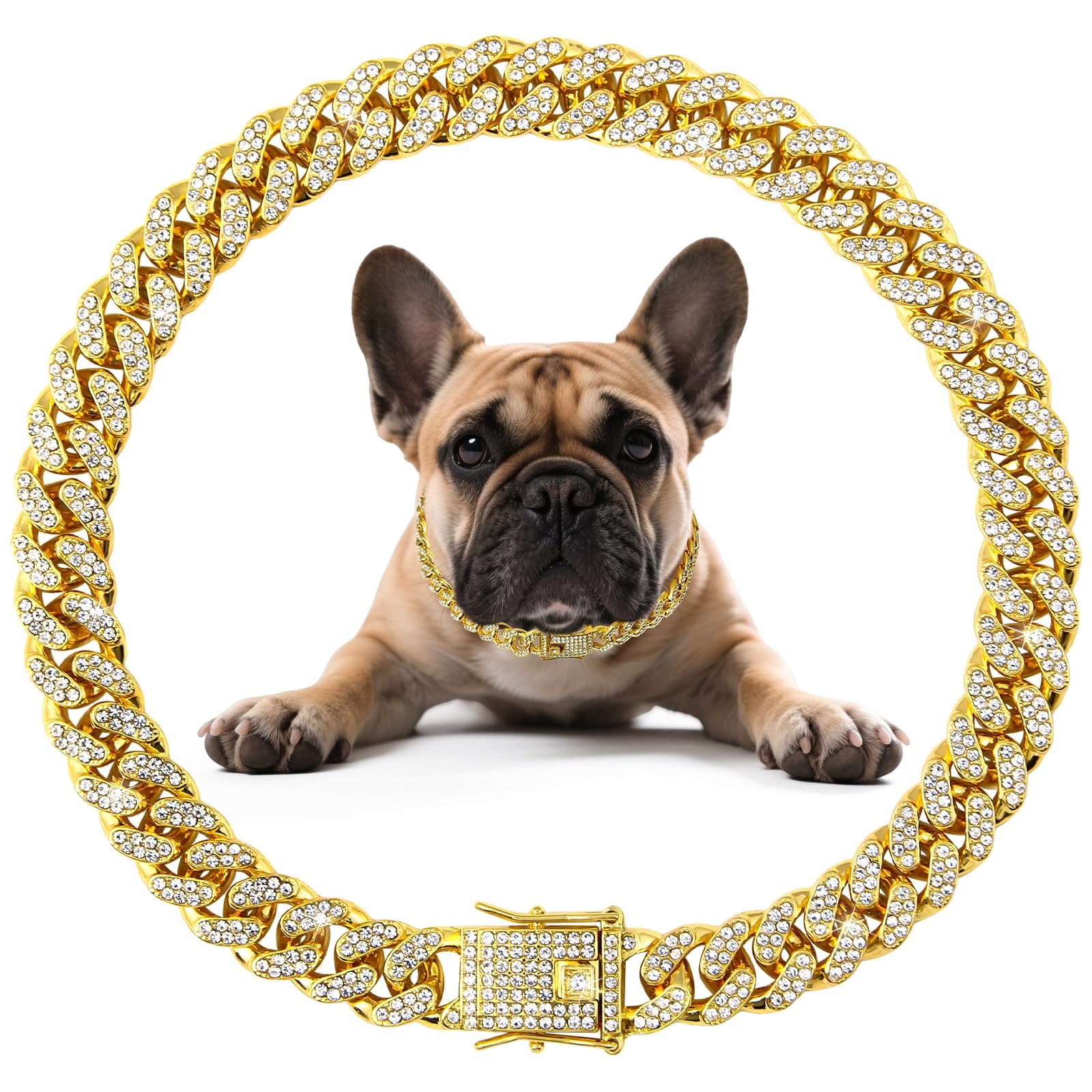Cuban Link Dog Collar Gold Crystal Necklace 12 Inch(Max neck 11in), 
