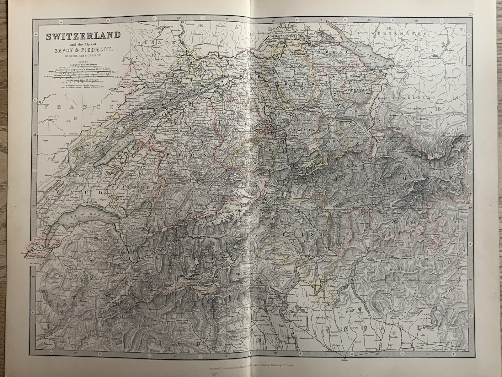 1886 SWITZERLAND ORIGINAL ANTIQUE HAND COLOURED MAP BY JOHNSTON 134 YEARS OLD