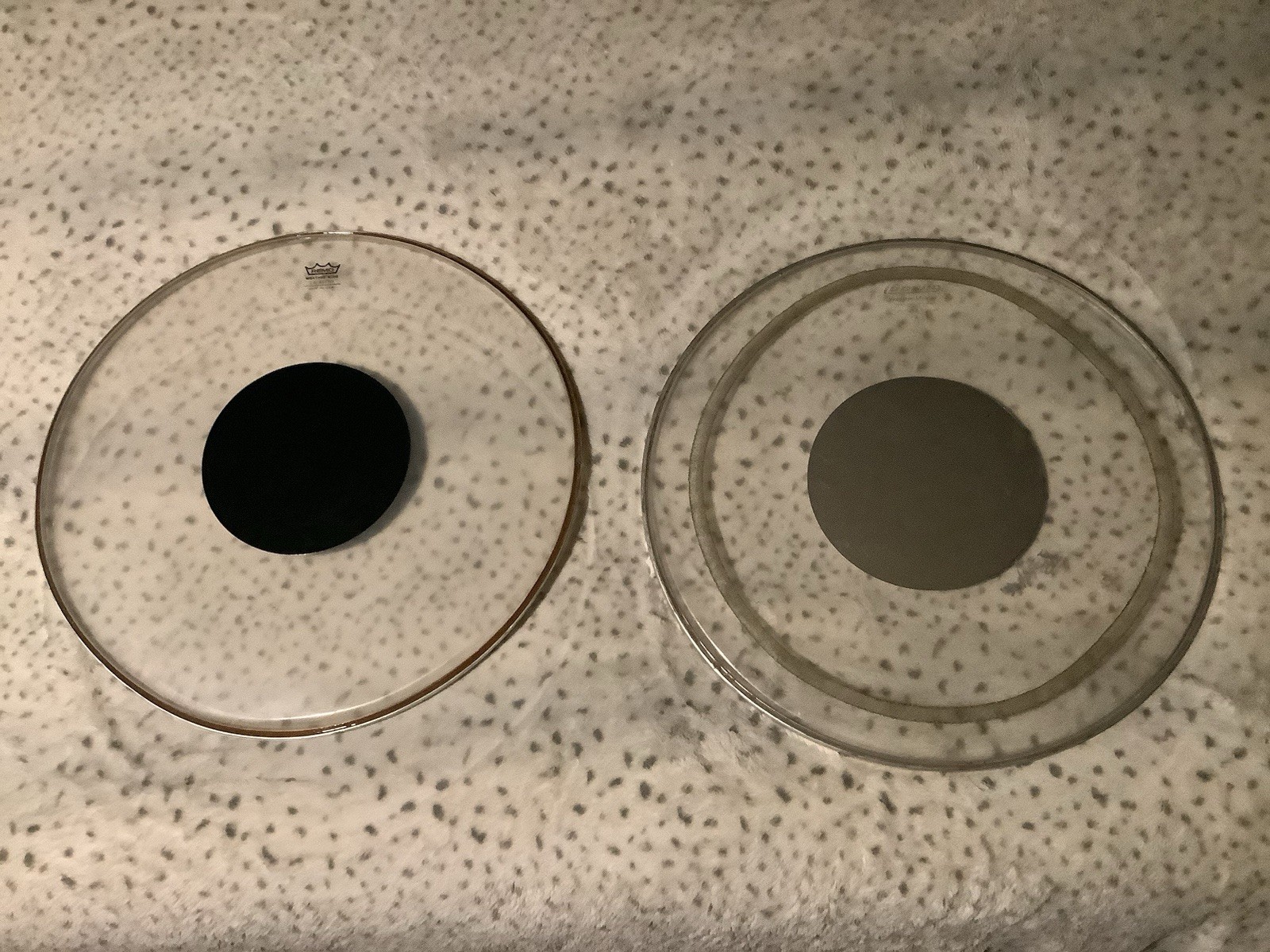 VINTAGE LUDWIG SILVER DOT CLEAR 18" & REMO BLACK DOT 18” FLOOR TOM HEADS