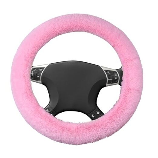  Fuzzy Car Steering Wheel Cover, 15'' Soft Auto Steering Wheel Protector Pink