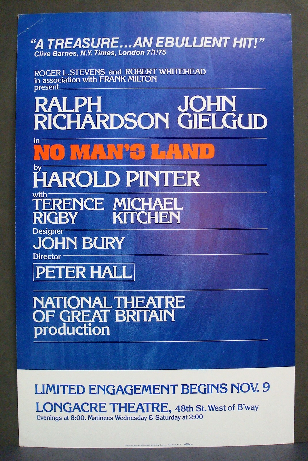 RARE 1976 Broadway Play NO MAN’S LAND Original POSTER-WINDOW card