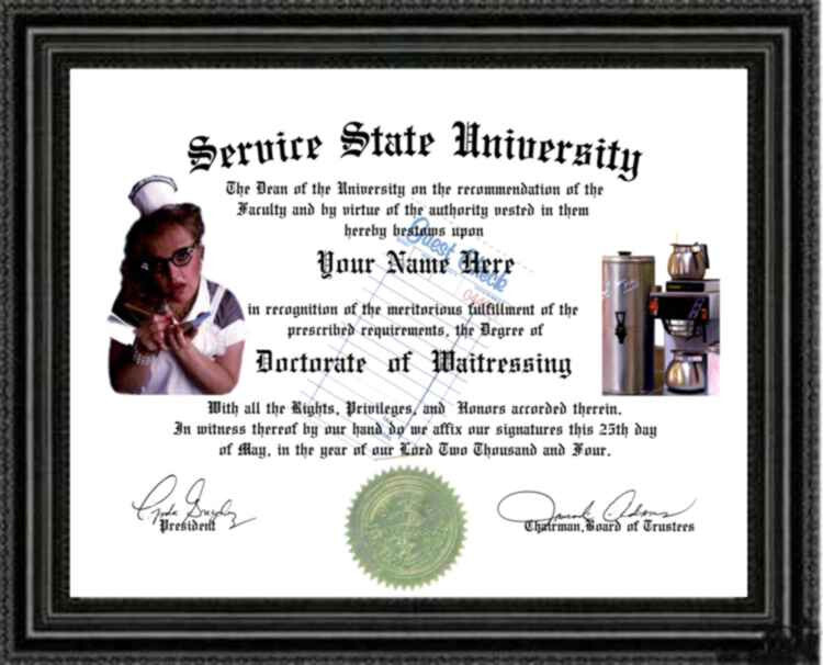 Waitress Lover's Doctorate Diploma / Degree Custom made and Designed for YOU