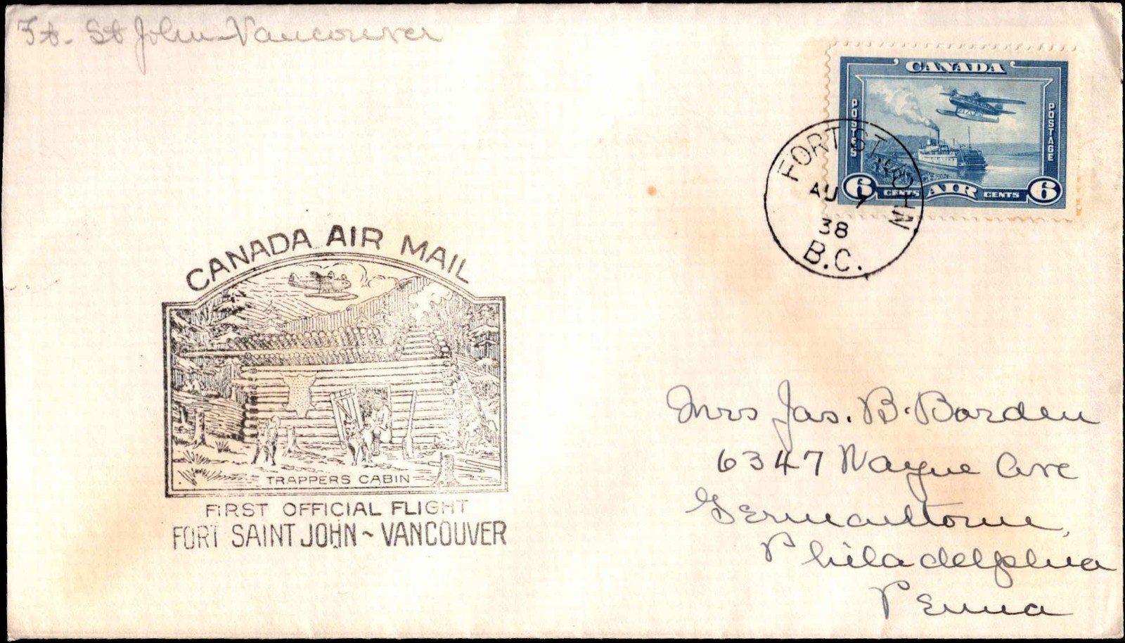 1938 Canada First Flight Cover Fort St John BC to Vancouver