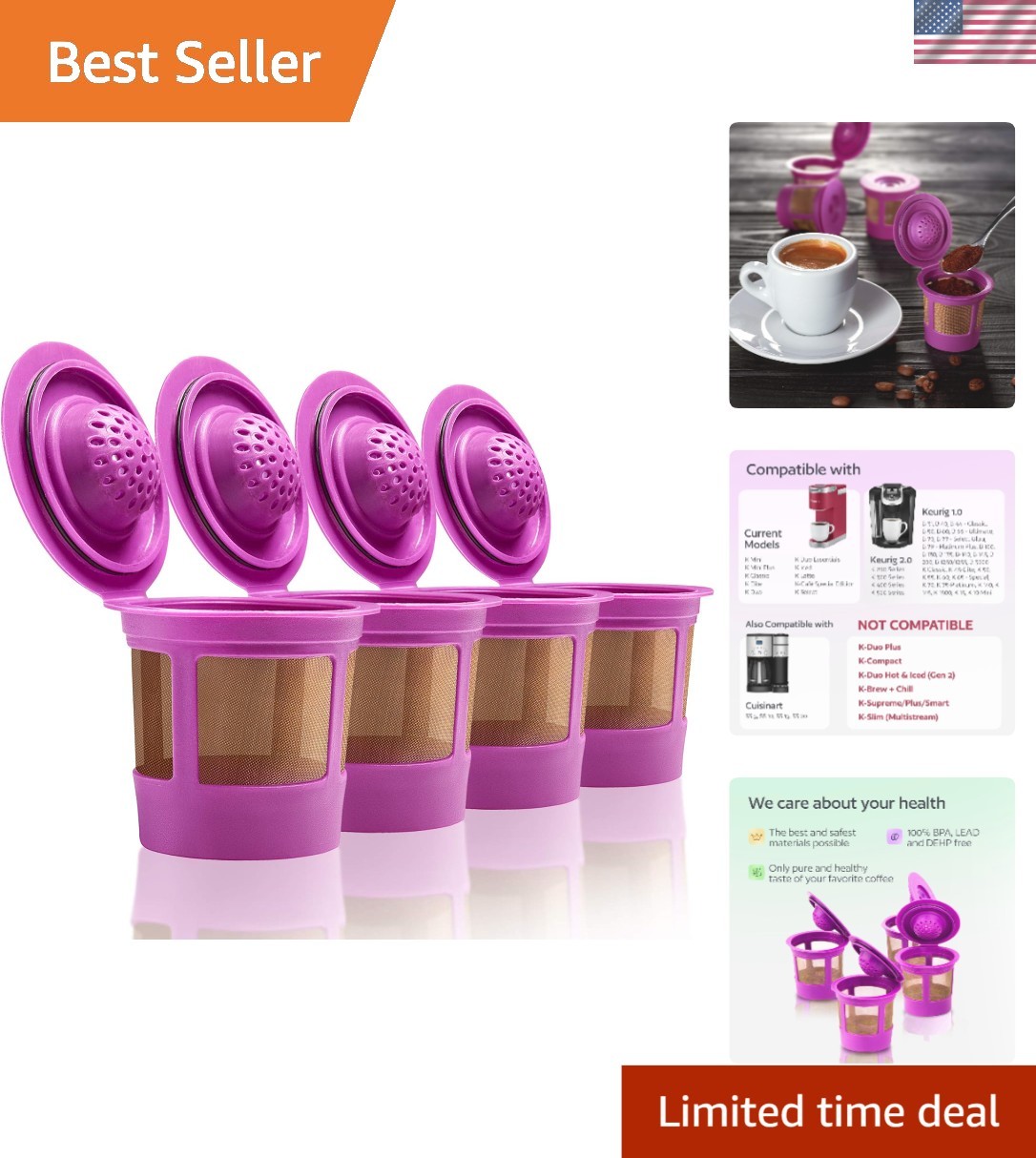 Universal Fit Purple Refillable K Cups for Keurig - 4 Durable Micro-Mesh Filters