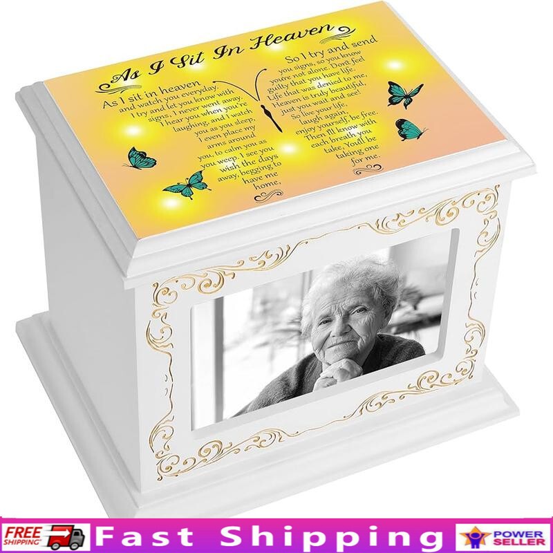 Wooden Cremation Urn Adult Ashes W/ Photo Frame Personalized Memorial Box White