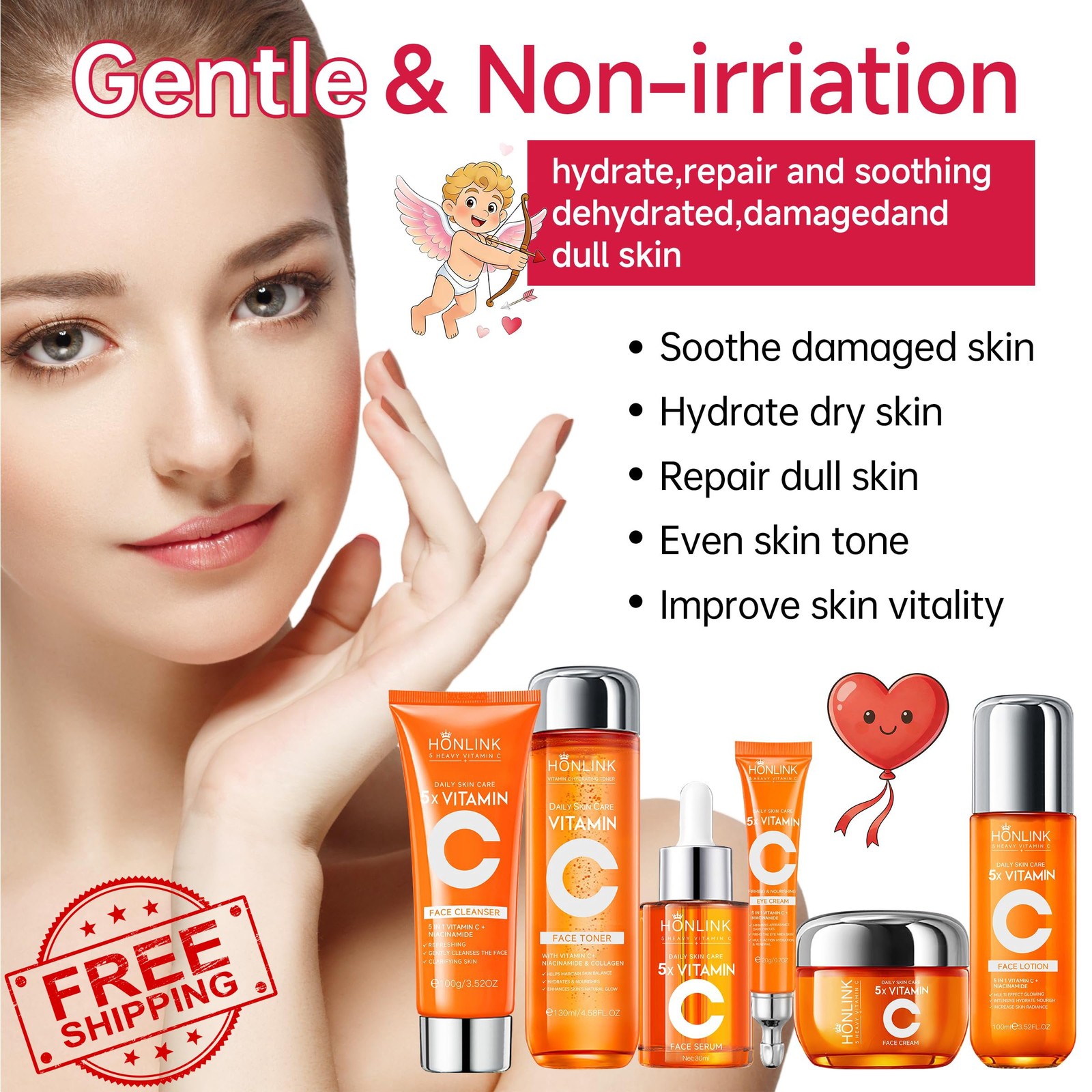 Glown 6pc Hydrating Skincare Set Vitamin C Niacinamide