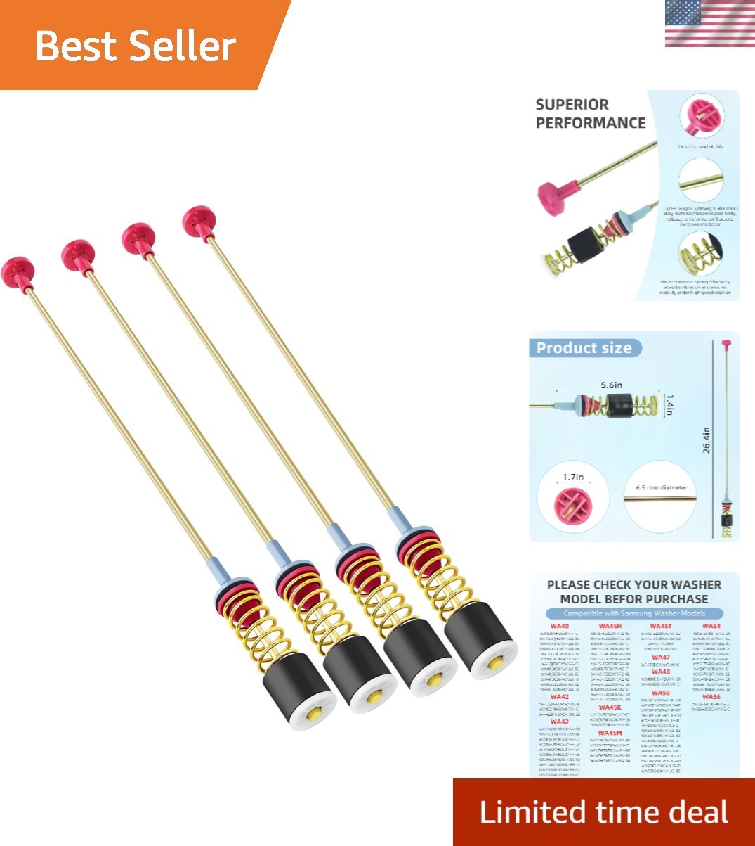 Upgrade】 WA45N3050AW/A4 WA45T3200AW/A4 Washer Suspension Rods for Samsung,Rep...