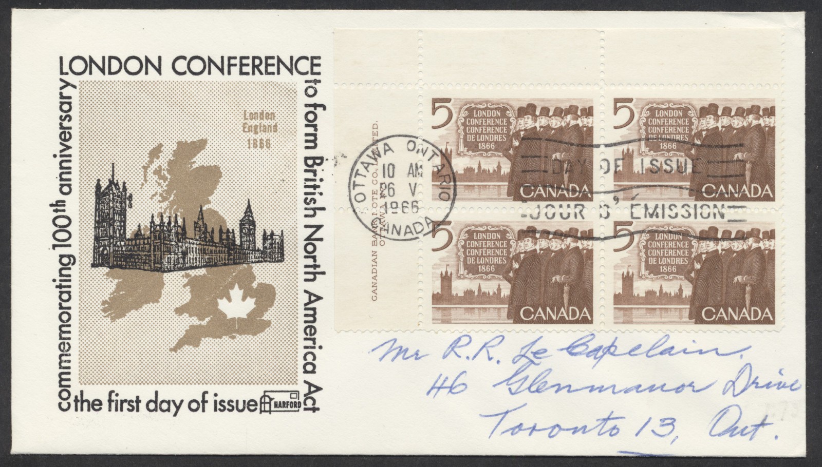 1966 #448 London Conference FDC Plate Block Harford Cachet Ottawa