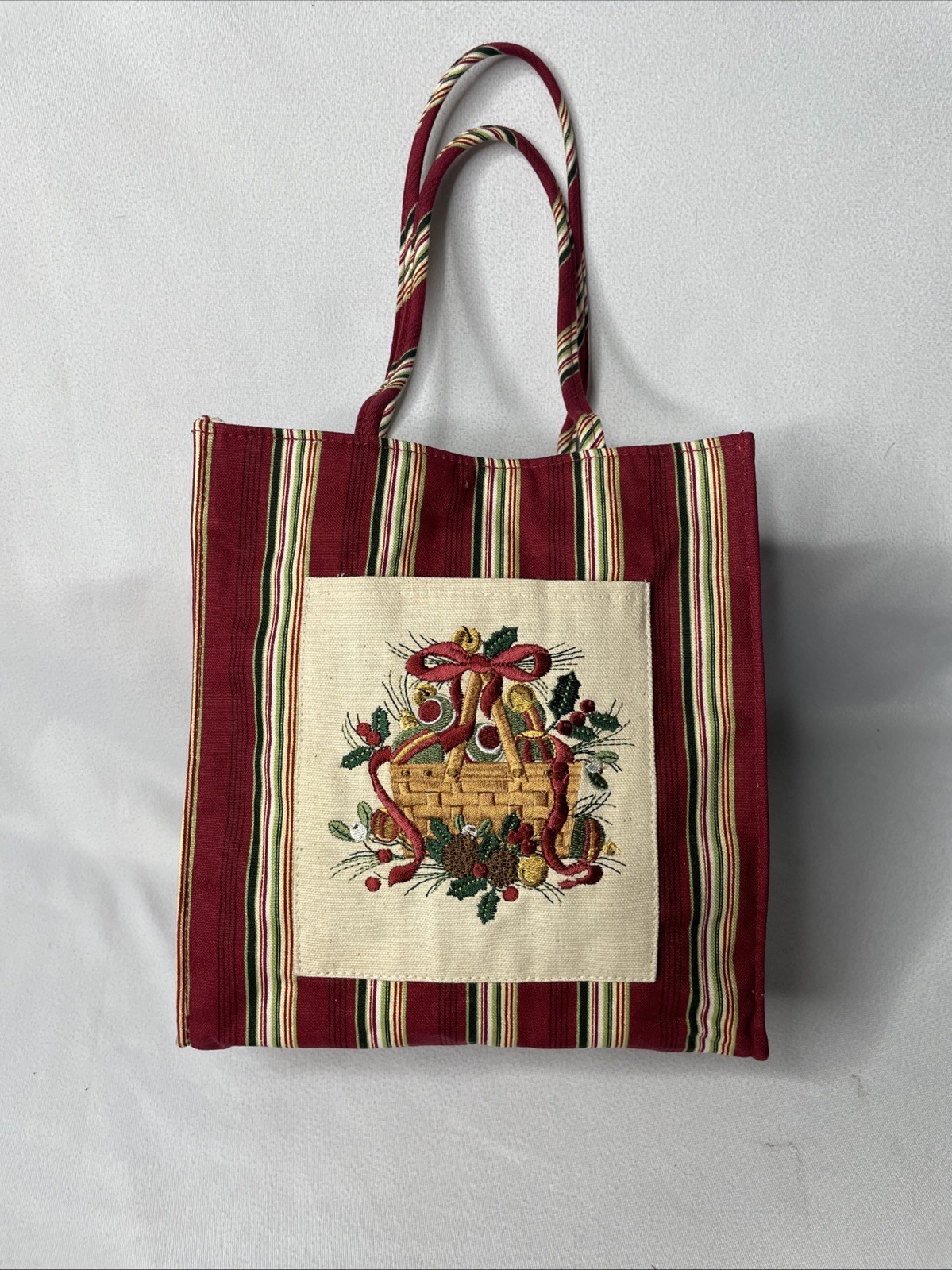 Longaberger Tote Bag Holiday 2005 Small Christmas Basket Burgundy  Stripe NEW
