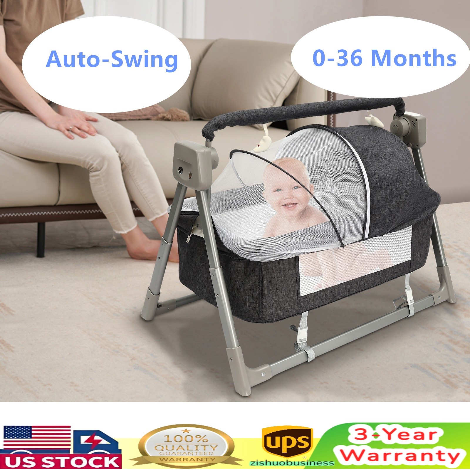 Portable Electric Baby Swing Cradle Bassinet Rocking Crib Infant W/ Bluetooth