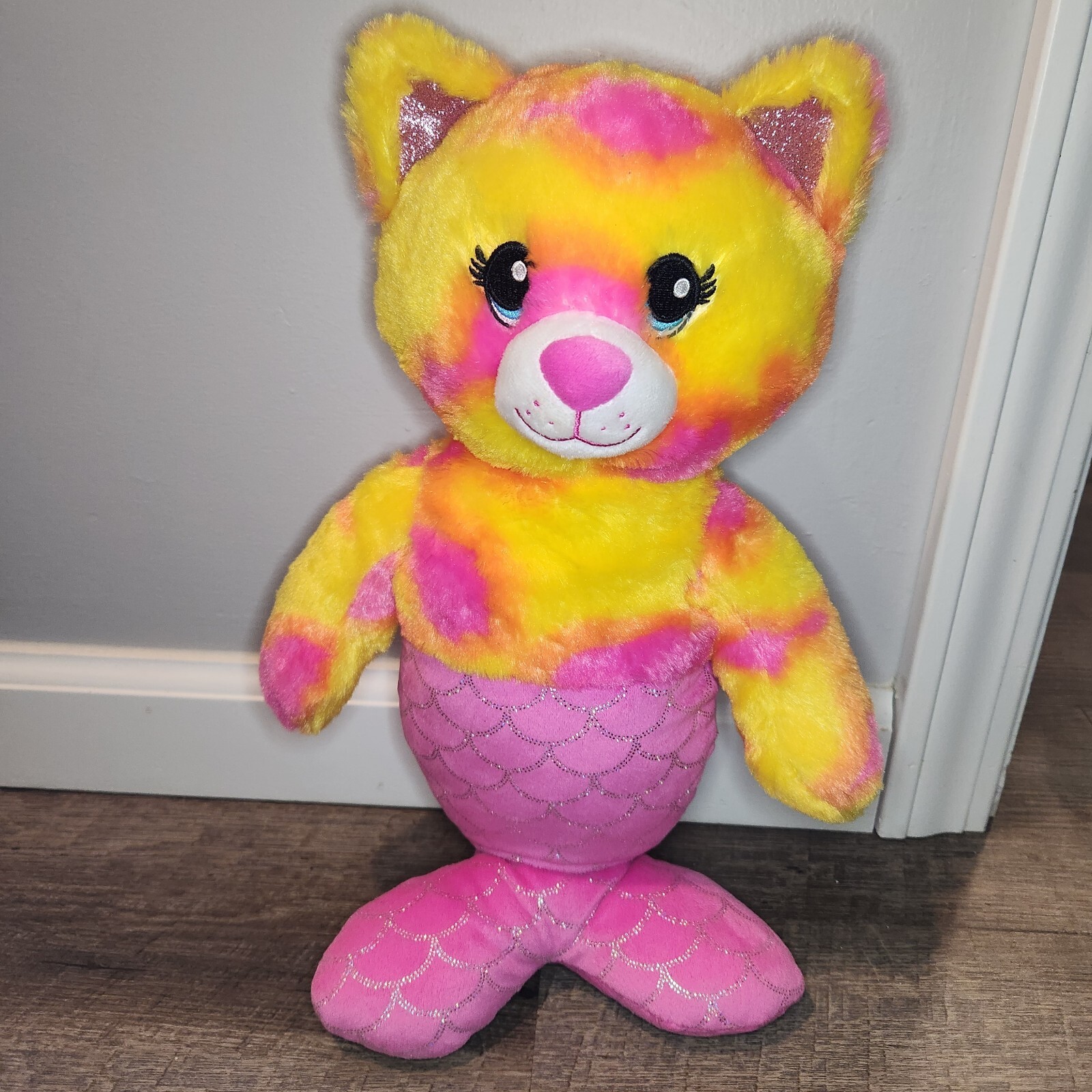 Mermaid Plush Cat Build A Bear 18" Pink Yellow Tie Dye Fur Pink Glitter Girly 