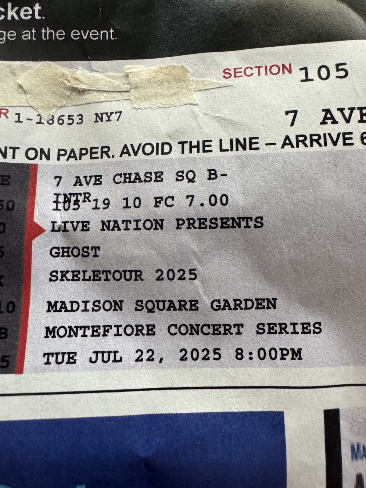 Ghost Skeletour 2025 Madison Square Garden Sec 105 Ticket Stub