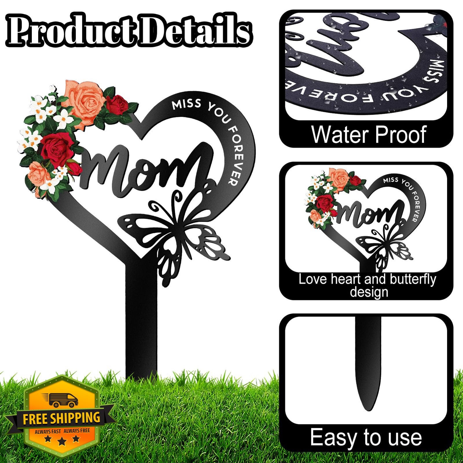 Hoemwarm Memorial Grave Marker for Mom Heart Butterfly Cemetery Stake