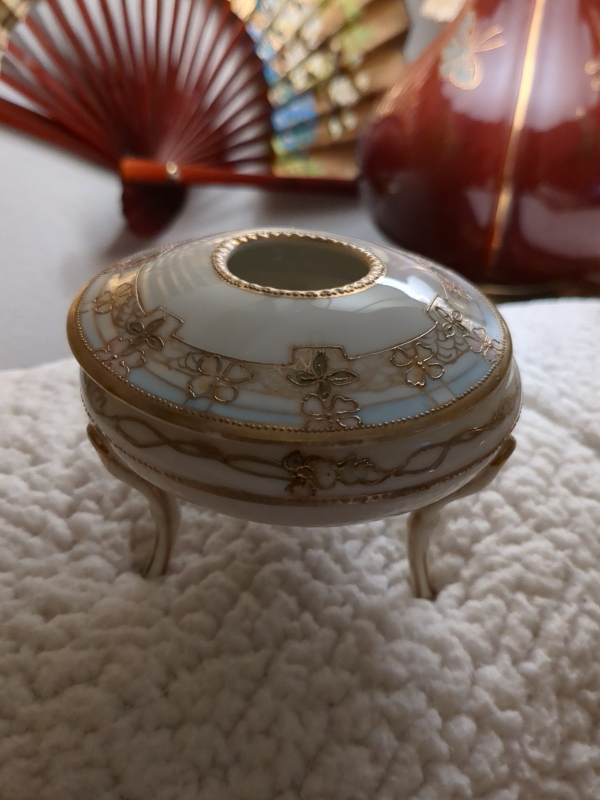 Antique Japanese Nippon Hand painted Trinket Box Or Hair Receiver 1910