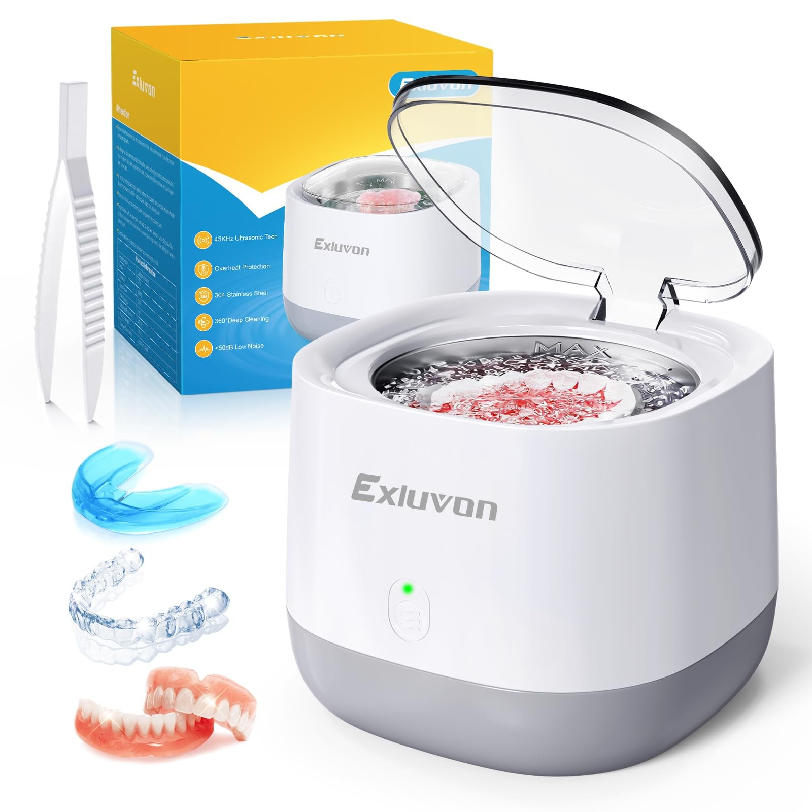 Exluvon 45kHz 250ML Portable Ultrasonic Retainer Cleaner Denture Jewelry