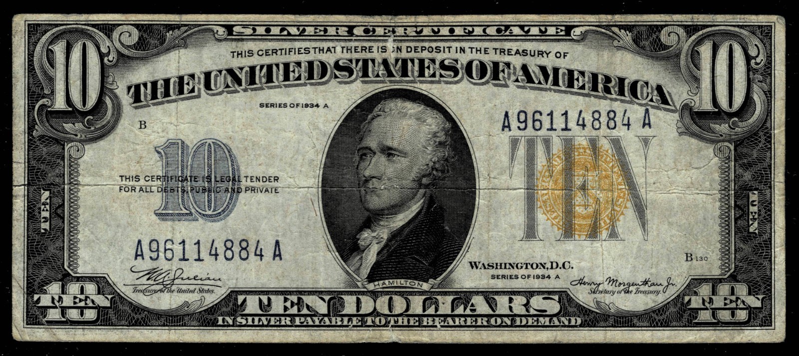 1934-A $10 TEN DOLLARS “NORTH AFRICA” SILVER CERTIFICATE NOTE VERY FINE