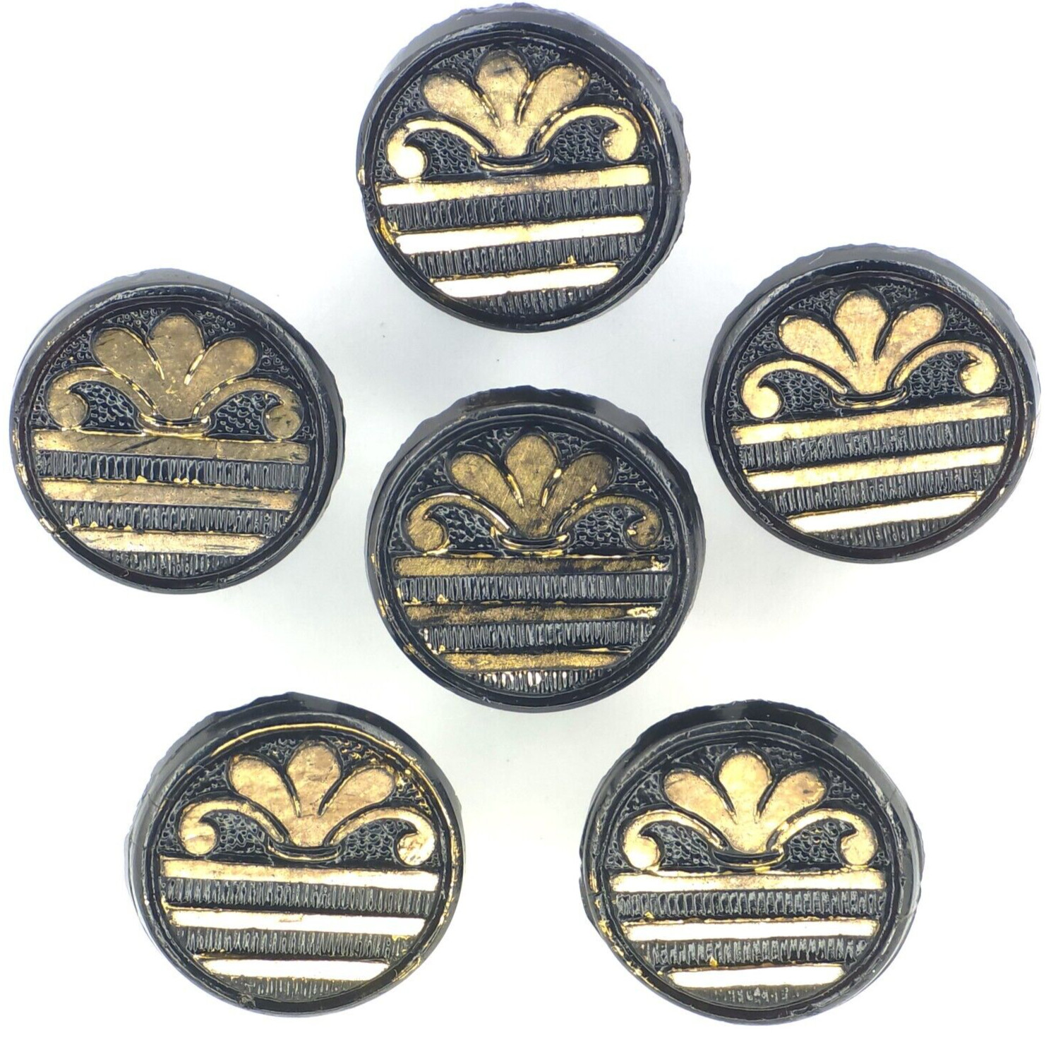 C1900-15 Antique Black Glass Gold Luster Palmette Fleur de Lis Button Set LOT 6