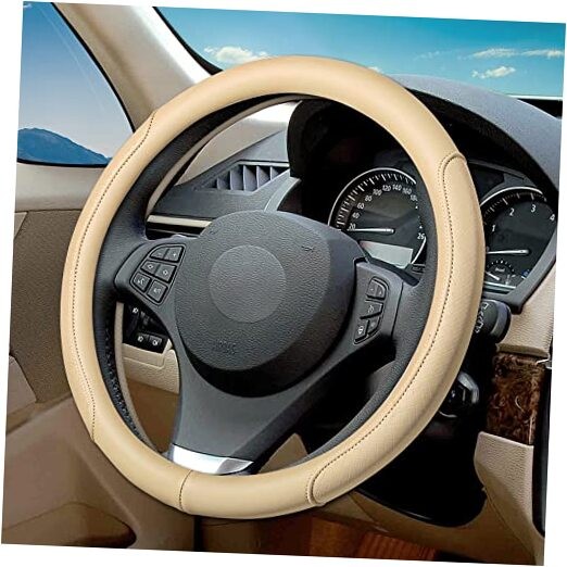  Microfiber Leather Steering Wheel Cover with Classic Embossing, Anti Beige