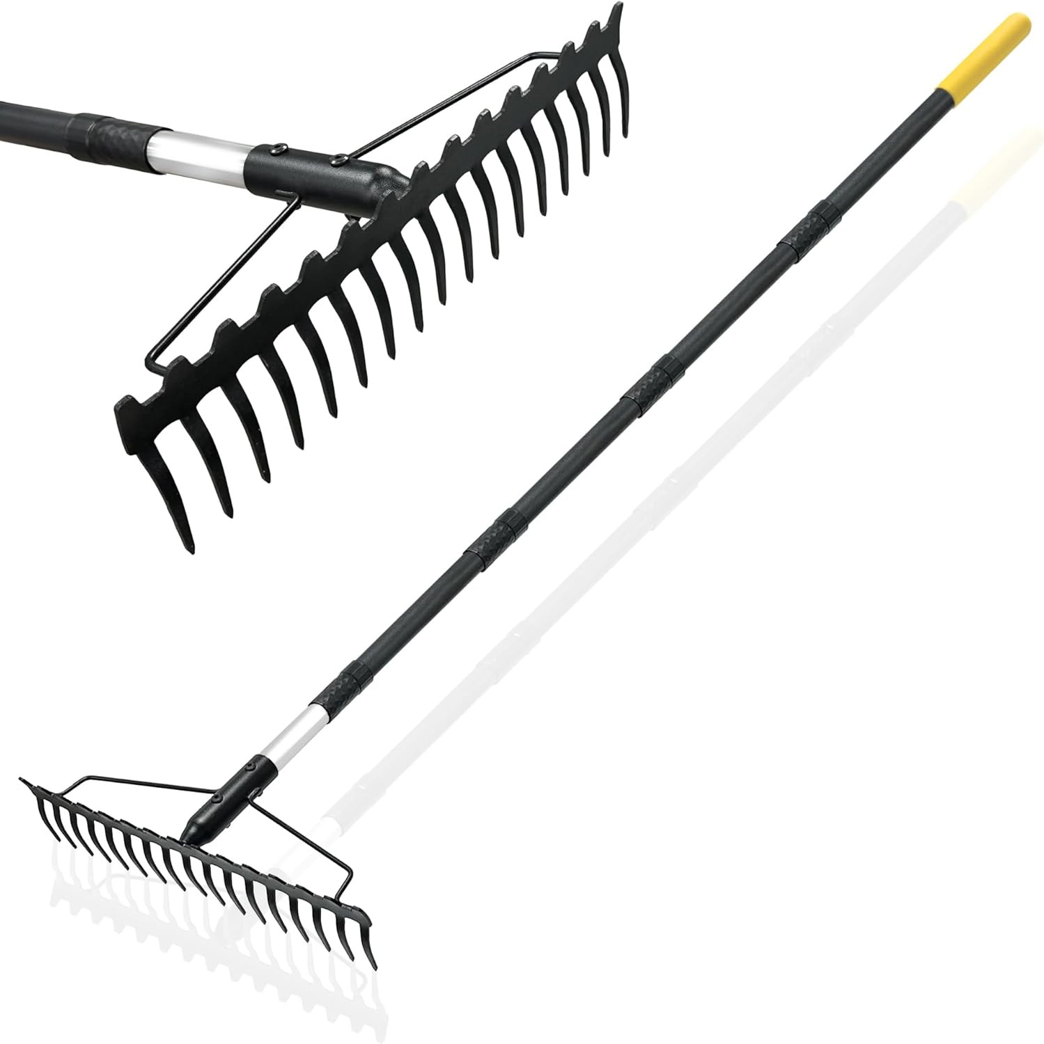 Bow Rake, 68-Inch Adjustable Handle Garden Rake with 17 Steel Tines, Heavy Duty