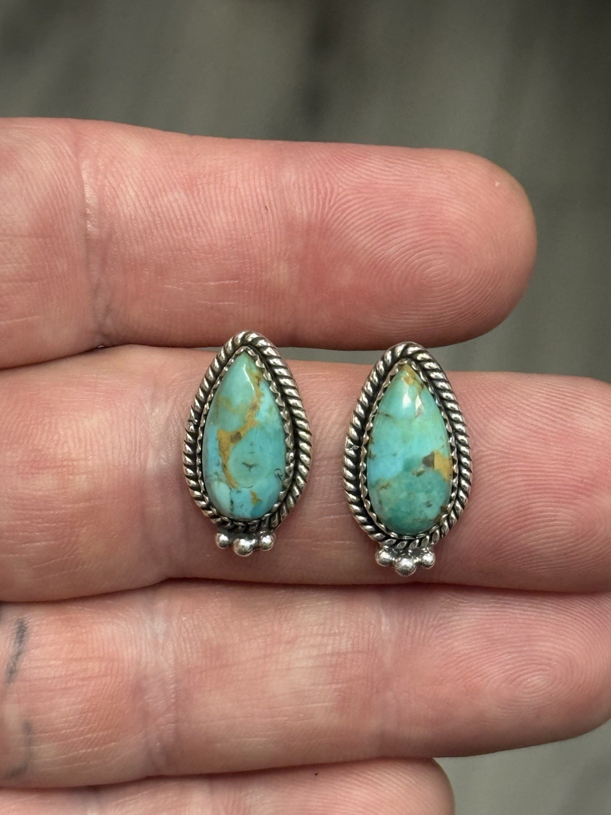 STERLING SILVER TURQUOISE TEARDROP 7/8” SINGLE STONE POST STUD EARRINGS .925