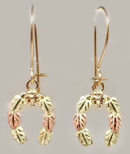Handcrafted South Dakota Black Hills 12kt Gold Red Green Leaf Horseshoe Earrings