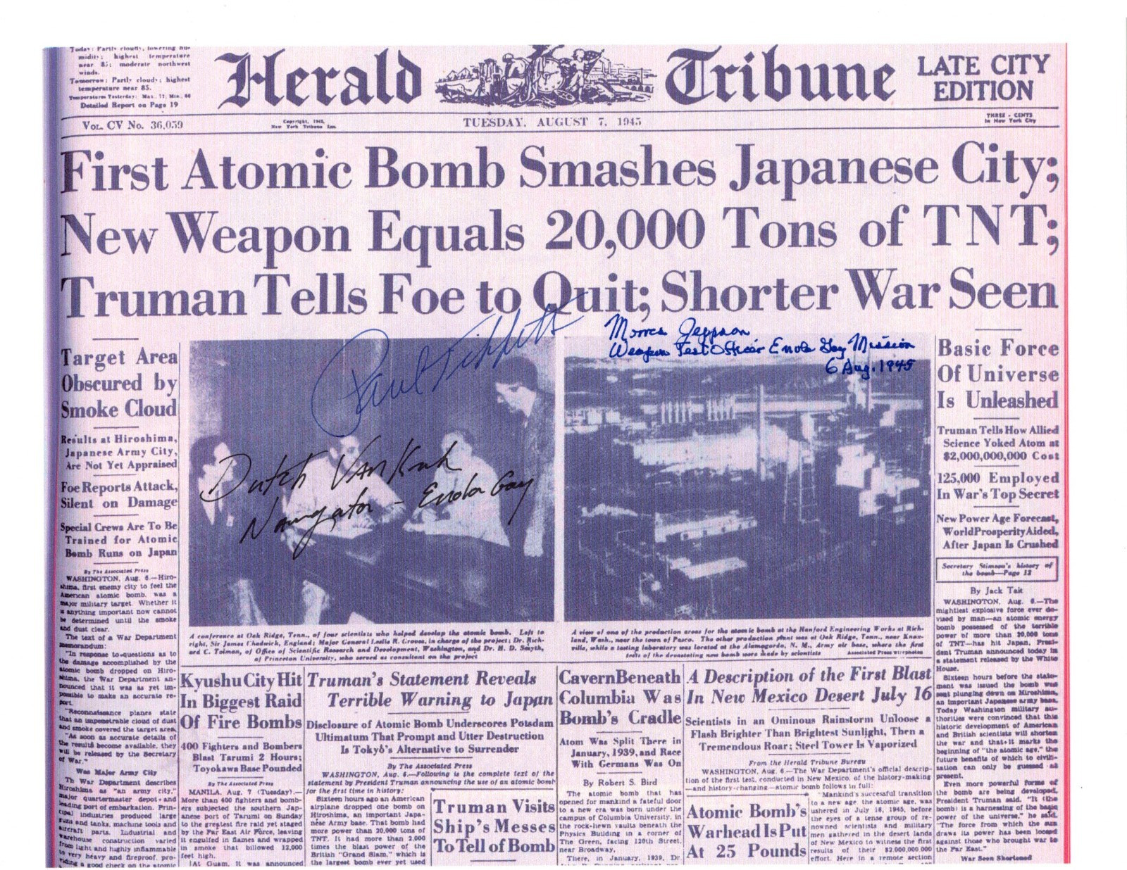 WWII ATOMIC BOMB MISSIONS: Hand Signed by 3 Enola Gay Crewmen - 8.5x11