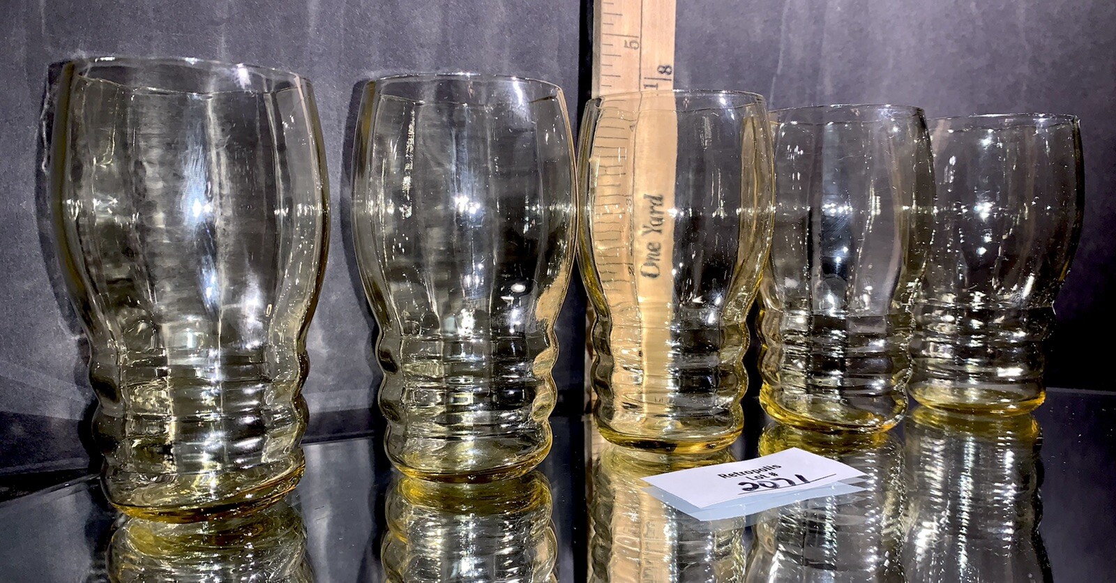 5 Yellow Glass Paneled Ringed Juice Barware Tumblers Vintage MCM