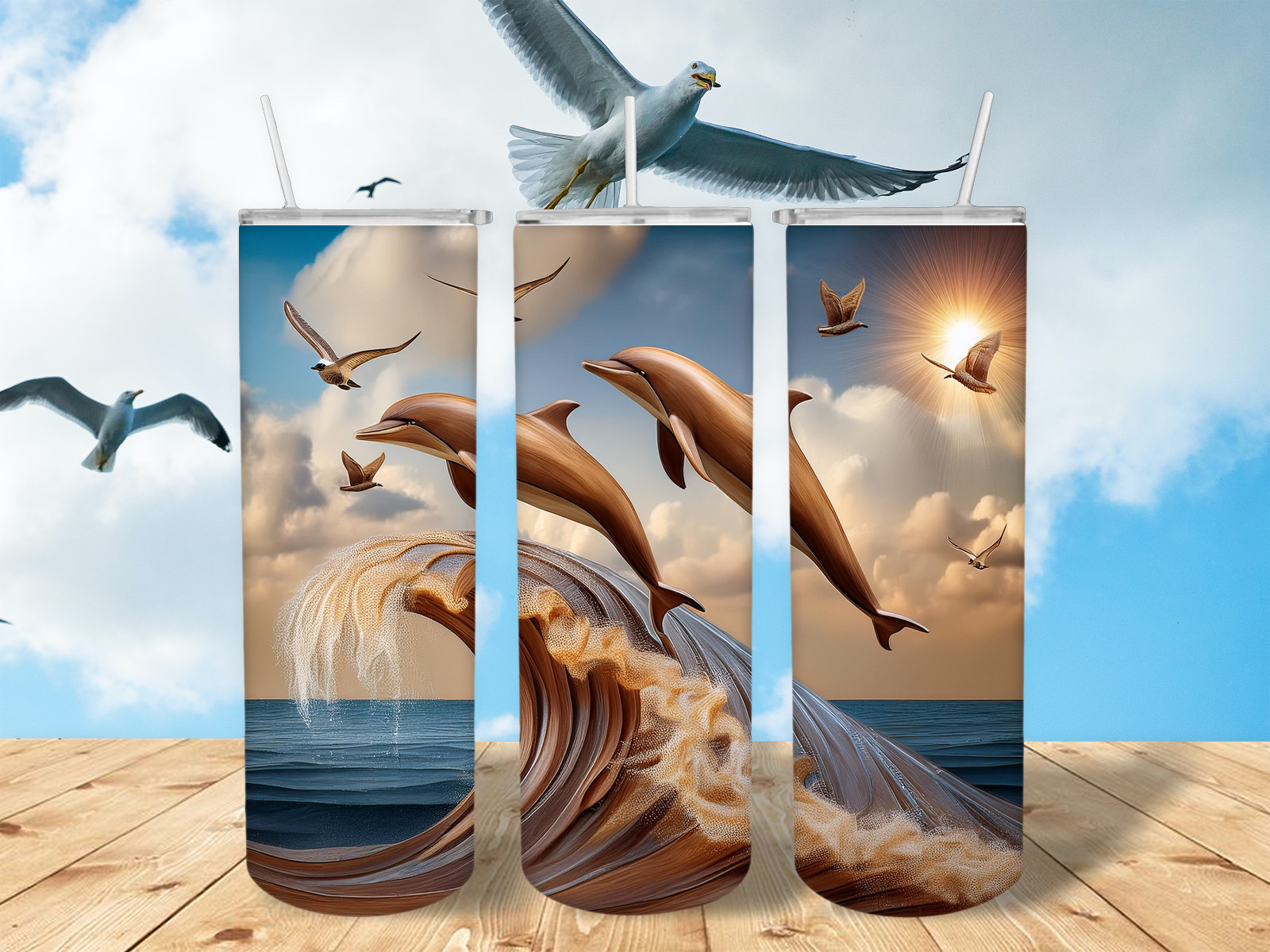 20 oz. Skinny Tumbler - Stunning Dolphins-Wood Grain Appearance